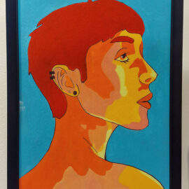 A vibrant portrait of a person in profile view with short red hair, orange skin tones, and a piercing in the ear. The background is a bright teal, accentuating the bold colors of the subject