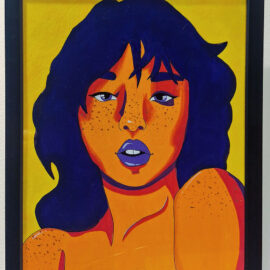 A colorful painting of a woman with dark blue hair, vivid orange skin, and purple lips. Her expression is calm, and she is set against a bright yellow background