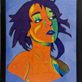 A painting of a person with spiky purple hair, painted in a mix of green, blue, and orange tones, with a purple background. Their expression is thoughtful as they gaze upward