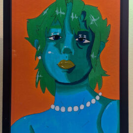 A portrait of a person with teal skin, bright green hair, and a string of pearls around their neck. The background is a bold orange, enhancing the cool tones of the figure