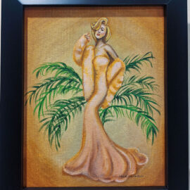 A framed painting depicting a glamorous woman dressed in an elegant gown with a fur wrap, set against a golden backdrop. Palm fronds surround her, adding a touch of exotic flair. The painting exudes a vintage Hollywood glamour aesthetic, emphasized by the bold, luxurious colors