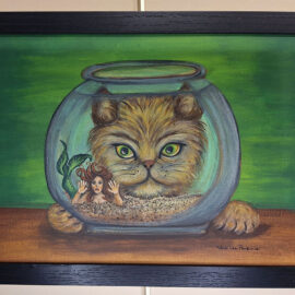 A painting of a large cat peering into a fishbowl containing a small mermaid. The cat's green eyes focus intently on the mermaid, who appears surprised, with hands pressed against the glass. The artwork is vibrant and playful, creating an imaginative and humorous scene.