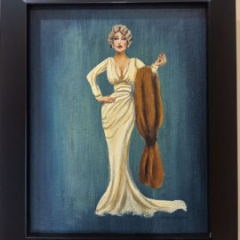 A framed painting of a woman in a white evening gown with a fur wrap, posed confidently against a blue-green backdrop. The woman exudes old Hollywood glamour with her elegant posture and vintage hairstyle. The frame is black, complementing the sophisticated theme of the artwork