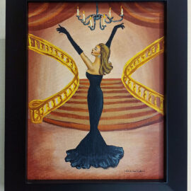 A framed painting of a glamorous woman in a long black dress with long sleeves. She has long brown hair and stands on a stage with arms raised. A chandelier hangs above her, and a golden spiral staircase is in the background