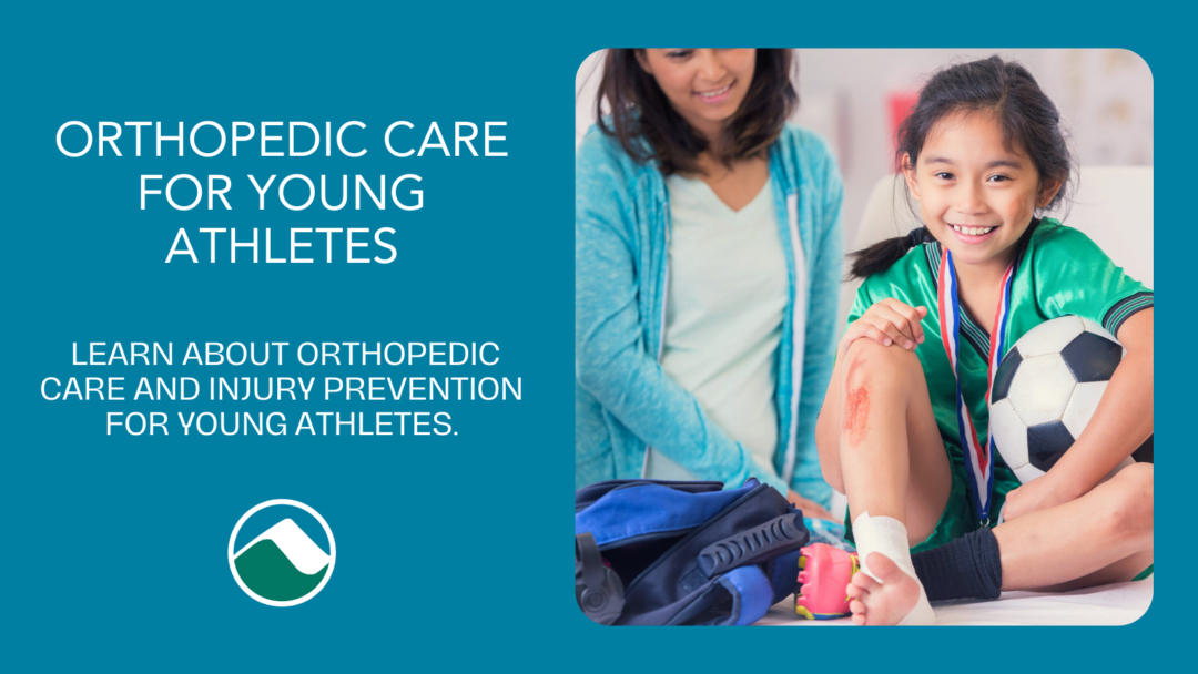 Young girl sitting and smiling with a soccer ball, wearing a medal around her neck, and showing a slight injury on her leg. Text reads: Orthopedic Care for Young Athletes. Learn about orthopedic care and injury prevention for young athletes. Monadnock Community Hospital logo at the bottom