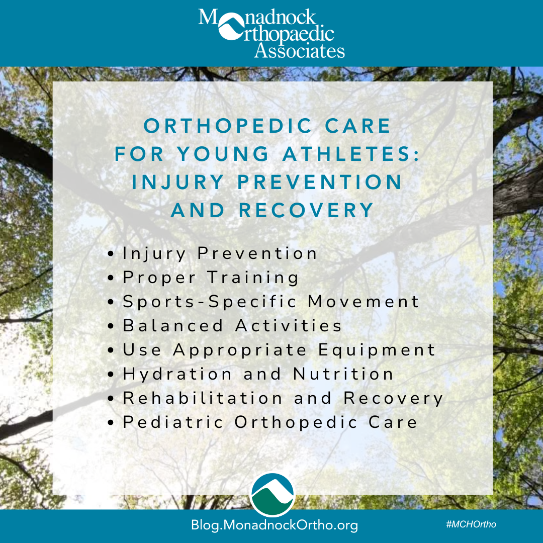 Graphic titled 'Orthopedic Care for Young Athletes: Injury Prevention and Recovery' with the Monadnock Orthopaedic Associates logo at the top. The graphic lists key points: Injury Prevention, Proper Training, Sports-Specific Movement, Balanced Activities, Use Appropriate Equipment, Hydration and Nutrition, Rehabilitation and Recovery, Pediatric Orthopedic Care. The background shows a tree canopy under a clear sky, with a web address Blog.MonadnockOrtho.org and hashtag #MCHOrtho at the bottom