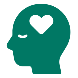 An icon of a human head silhouette with a heart inside the brain area, representing mental health and wellness