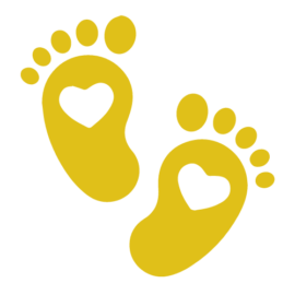 An icon showing two baby footprints with heart shapes in the soles, symbolizing maternity and newborn care