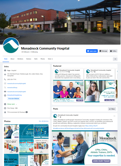 A screenshot of the Monadnock Community Hospital Facebook page. The cover photo shows the hospital building at dusk, warmly lit with a modern entrance. The profile picture features the Monadnock Community Hospital logo. The page includes sections like Intro, Featured posts, and Photos, showcasing community events and healthcare services. Featured posts highlight events and services offered by the hospital, with images of smiling staff and patients. The page invites users to learn more, send messages, or follow for updates on hospital news and services.