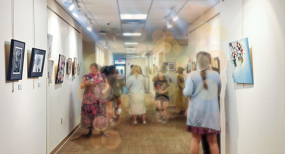 Group of people walking through a hallway art exhibit, featuring various paintings on the walls. The lighting is warm, and the scene is enhanced with subtle bokeh effects, creating a cozy and inviting atmosphere.