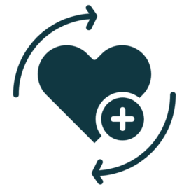 An icon of a heart with circular arrows and a plus sign, symbolizing recovery, renewal, and rehabilitation services