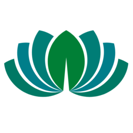 A stylized lotus flower logo with shades of teal and green, featuring a circular emblem in the center depicting a white mountain peak against a blue and green background