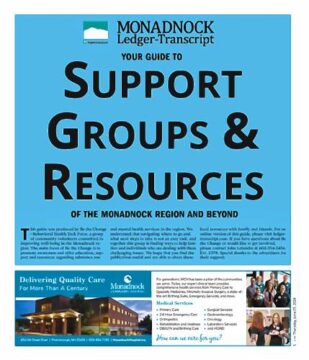 Cover page of the Monadnock Ledger-Transcript's 'Your Guide to Support Groups & Resources' in the Monadnock region. The title is bold and prominently displayed in black text on a blue background. At the bottom, there is a banner featuring Monadnock Community Hospital's logo, an image of the hospital, and information about medical services, with photos of healthcare professionals