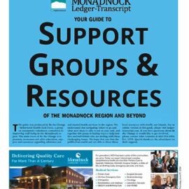 Cover of Monadnock Ledger-Transcript guide titled 'Support Groups & Resources of the Monadnock Region and Beyond.' The page features a prominent title in large text and includes a blue background with images of Monadnock Community Hospital and staff. The bottom section advertises MCH services, including Medical, Surgical, Orthopedics, Senior Services, and Primary Care, with a tagline 'Delivering Quality Care for More Than a Century.'