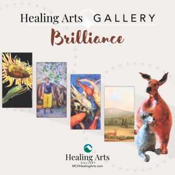 Artwork featured in the Brilliance exhibition at Monadnock Community Hospital's Healing Arts Gallery. The image shows vibrant pieces including a sunflower painting, abstract animal paintings, and two sculptures of dogs.