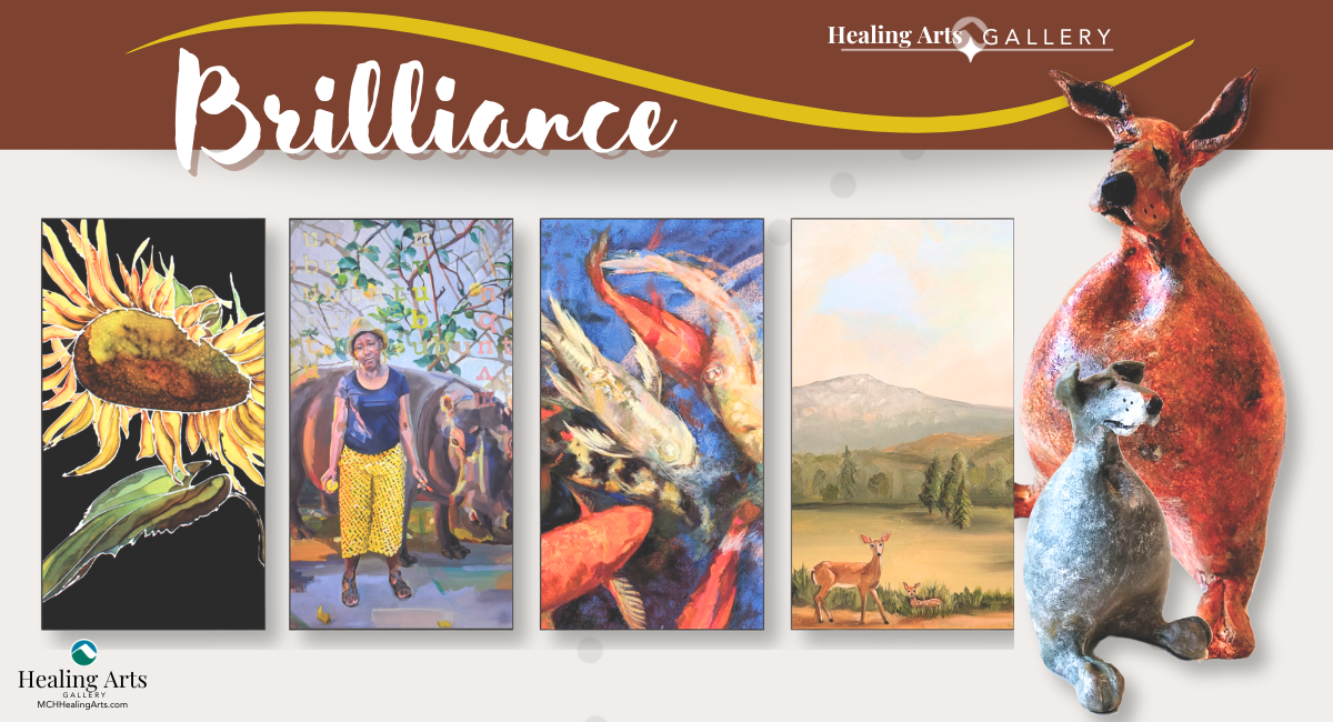 Artwork featured in the Brilliance exhibition at Monadnock Community Hospital's Healing Arts Gallery. The image shows vibrant pieces including a sunflower painting, abstract animal paintings, and two sculptures of dogs.