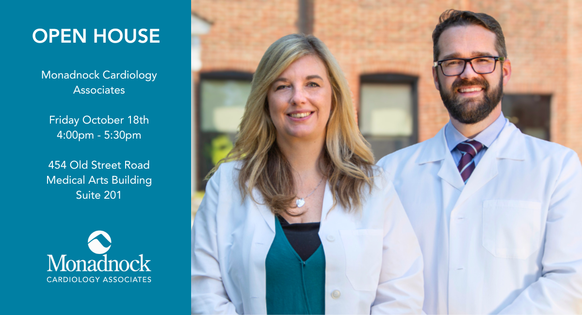 Two healthcare professionals, a woman and a man, both wearing white lab coats, smile as they stand outside a brick building. The woman has long blonde hair, while the man has short brown hair, glasses, and a beard. On the left side of the image, text reads: 'OPEN HOUSE Monadnock Cardiology Associates Friday, October 18th 4:00pm - 5:30pm 454 Old Street Road Medical Arts Building Suite 201.' Below the text is the Monadnock Cardiology Associates logo