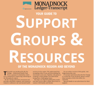 Cover page of the Monadnock Ledger-Transcript's 'Your Guide to Support Groups & Resources' in the Monadnock region. The title is bold and prominently displayed in black text on a blue background. At the bottom, there is a banner featuring Monadnock Community Hospital's logo, an image of the hospital, and information about medical services, with photos of healthcare professionals