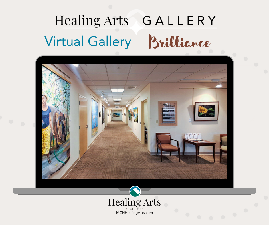 "Healing Arts Gallery Virtual Gallery - Brilliance. A laptop screen displays a virtual tour of an art gallery hallway, featuring colorful paintings on the walls. The gallery space appears warm and inviting, with chairs and tables arranged thoughtfully. Below, the Healing Arts Gallery logo and website, MCHHealingArts.com, are visible