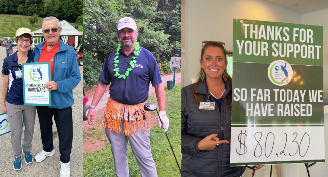 Three images side by side: A woman and a man smiling while holding a sponsor sign for Edmunds Ace Hardware at the golf tournament. A man dressed in a grass hula skirt and green lei, posing with a golf club at a themed golf hole. A woman smiling next to a sign that reads 'Thanks for your support. So far today we have raised $80,230