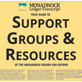 Cover of Monadnock Ledger-Transcript guide titled 'Support Groups & Resources of the Monadnock Region and Beyond.' The page features a prominent title in large text and includes a blue background with images of Monadnock Community Hospital and staff. The bottom section advertises MCH services, including Medical, Surgical, Orthopedics, Senior Services, and Primary Care, with a tagline 'Delivering Quality Care for More Than a Century.'