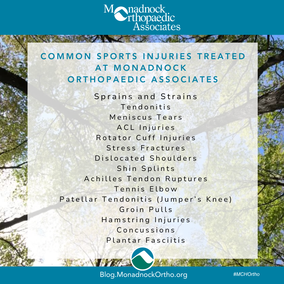 Common Sports Injuries Treated at Monadnock Orthopaedic Associates displayed on a background of trees and sunlight, listing various sports injuries like sprains, ACL injuries, tendonitis, and stress fractures. The Monadnock Orthopaedic Associates logo and website are featured at the bottom