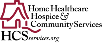 Logo of Home Healthcare, Hospice & Community Services (HCS), featuring a red outline of a house with the organization's name in black text