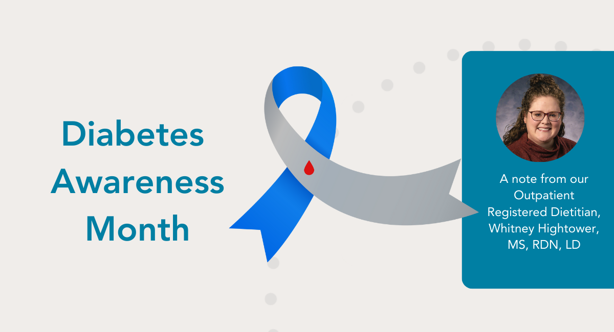 Graphic for Diabetes Awareness Month featuring a blue and gray awareness ribbon with a red teardrop symbol. To the right, a circular photo of Whitney Hightower, a smiling woman with curly hair in a bun, wearing glasses and a red sweater. The accompanying text reads, 'A note from our Outpatient Registered Dietitian, Whitney Hightower, MS, RDN, LD,' on a teal background