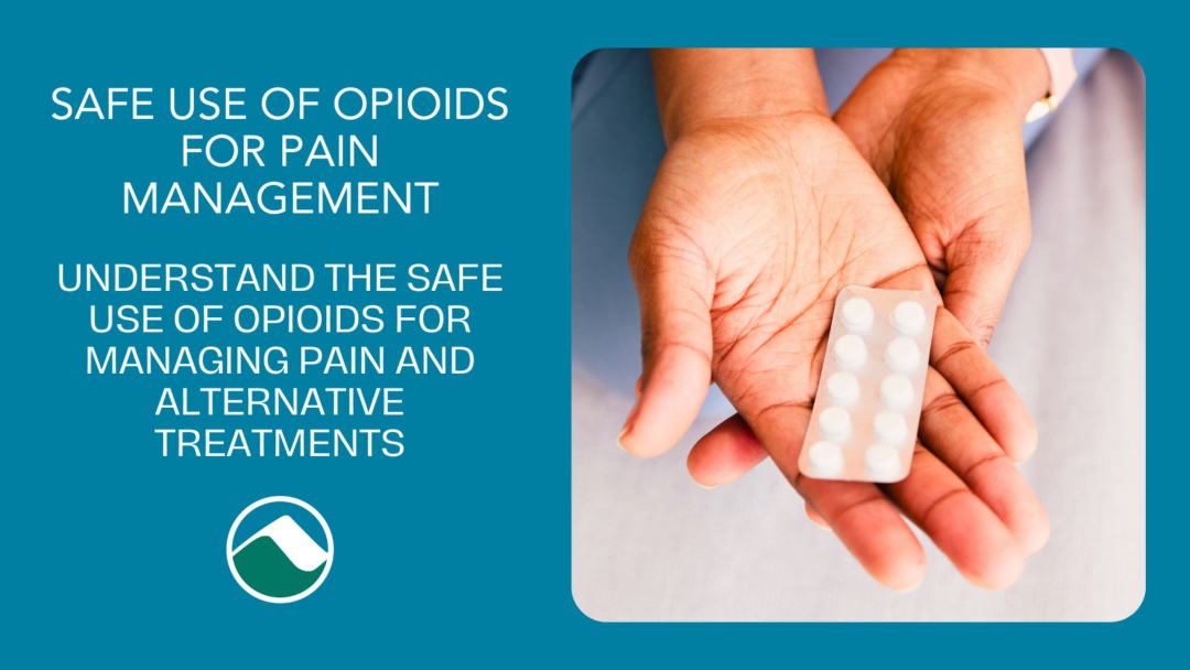 A hand holding a blister pack of pills, with the text 'Safe Use of Opioids for Pain Management' on the left, followed by the message 'Understand the Safe Use of Opioids for Managing Pain and Alternative Treatments.' The image background is a solid teal color, with the Monadnock Community Hospital logo at the bottom