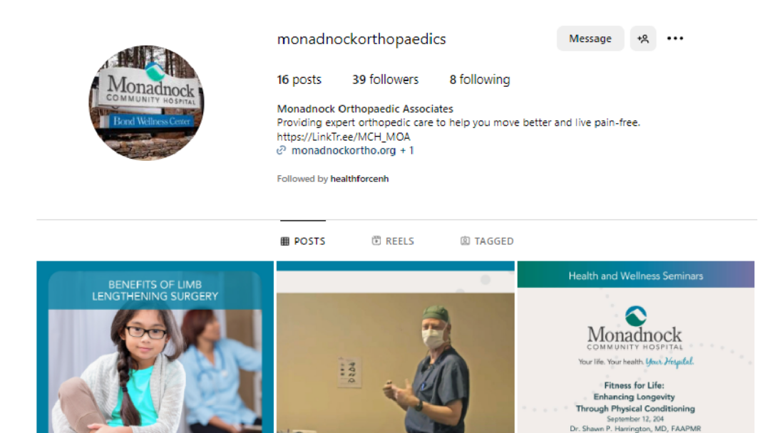 Instagram page for Monadnock Orthopaedic Associates, displaying the profile picture of the Monadnock Community Hospital Bond Wellness Center sign. The profile has 16 posts, 39 followers, and is following 8 accounts. The bio states, 'Providing expert orthopedic care to help you move better and live pain-free.' A link to their website is provided. The grid includes a post about the benefits of limb lengthening surgery, a post featuring a surgeon in scrubs and a mask, and a health and wellness seminar promotion