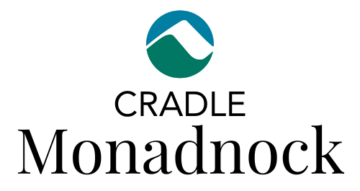 Logo for Cradle Monadnock featuring a circular icon with a stylized green and blue mountain design above the text 'Cradle' in uppercase letters and 'Monadnock' in a bold serif font below