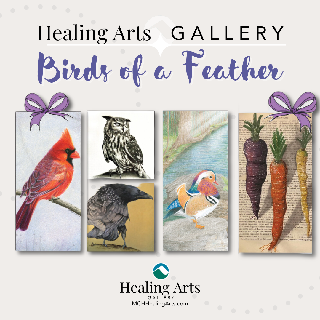 Healing Arts Gallery Brilliance Exhibit featuring five artworks, including a vibrant sunflower, a portrait of a person in bright clothing with animals, an expressive painting of colorful fish, a serene landscape with deer against a mountain backdrop, and sculptures of kangaroo figures. Healing Arts Gallery logo and website, MCHHealingArts.com, at the bottom