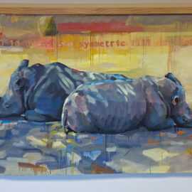 A vibrant painting depicting two rhinos lying close together on a colorful background. The style is impressionistic, with layered brushstrokes in cool blues and purples against a warm-toned background.