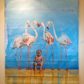 A whimsical painting of a young child sitting on the ground surrounded by flamingos against a light blue background. The flamingos stand tall, looking down at the child with soft pink tones blending with the backdrop.