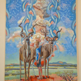 A surrealistic painting of a child standing between two antelopes against a vibrant background with blue chains and butterflies. The scene is whimsical, with a layered backdrop of clouds and flowers.