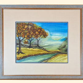 A scenic artwork featuring a river bordered by yellow autumn trees and hills, with blue skies and clouds above.