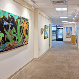 A hospital hallway gallery with various artworks, including vibrant paintings of a frog and flowers on one wall, and a man with walruses on the other. The artwork brings a touch of nature and color to the clinical setting.