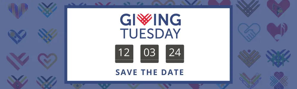 Giving Tuesday Save the Date banner with the date displayed as December 3, 2024, against a backdrop of heart graphics