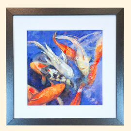 An expressive piece showing koi fish in shades of orange, red, and white, gracefully moving in the water against a bright blue background.