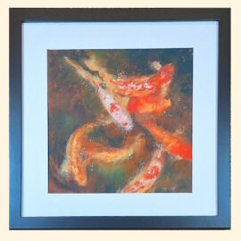 A dynamic depiction of koi fish in shades of orange and white, swirling together in dark, reflective water.