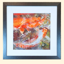 An energetic scene of koi fish with white, orange, and red markings moving gracefully through a vibrant, swirling pond.