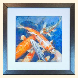 A collection of koi fish in shades of orange, silver, and white swimming in blue water, captured in a vibrant and colorful composition.