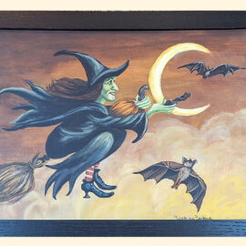 A playful artwork of a green-faced witch flying on a broomstick, holding a crescent moon, with bats flying in the night sky.