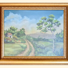 A serene landscape painting featuring a small cottage surrounded by lush greenery. A dirt path winds from the foreground to the distant mountains, with a large tree and blue sky adding to the peaceful scene.