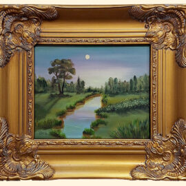 An oil painting framed in ornate gold, depicting a serene landscape with a winding river under a twilight sky. A full moon is visible above a soft, pastel-colored horizon, with trees and grass along the riverbank