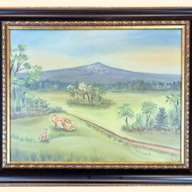 A charming landscape painting depicting a family of foxes relaxing in a grassy meadow, framed by trees and bushes. Mount Monadnock stands in the ba