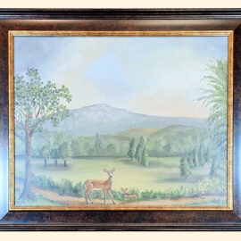 A serene painting featuring a doe and her fawn standing peacefully in a meadow, with tall trees and soft green hills in the background. Mount Monadnock rises gently behind them, bathed in morning light, adding a calm and natural beauty to the scene.