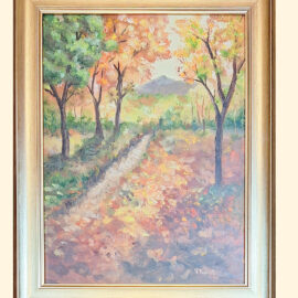 A warm autumn painting depicting a pathway covered in colorful fallen leaves, bordered by trees with vibrant orange, yellow, and green foliage. The scene is illuminated by soft sunlight, creating a cozy, peaceful ambiance that embodies the essence of fall.