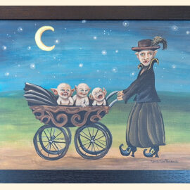 Whimsical painting of a character pushing a stroller with three laughing, goblin-like babies under a crescent moon and starry sky. The figure wears a feathered hat and distinctive shoes, adding a playful, magical vibe to the night scene.