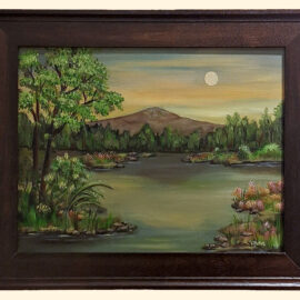 An oil painting of Mount Monadnock under a full moon, with a calm lake in the foreground surrounded by lush greenery. Pink wildflowers and trees frame the lake, and the scene is set at dusk with a gentle glow in the sky